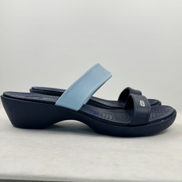 Crocs Womens 2-Tone Blue Navy Mix Madeira 2 Strap Slip On Sandals Croslite Sz W9 - Picture 1 of 12